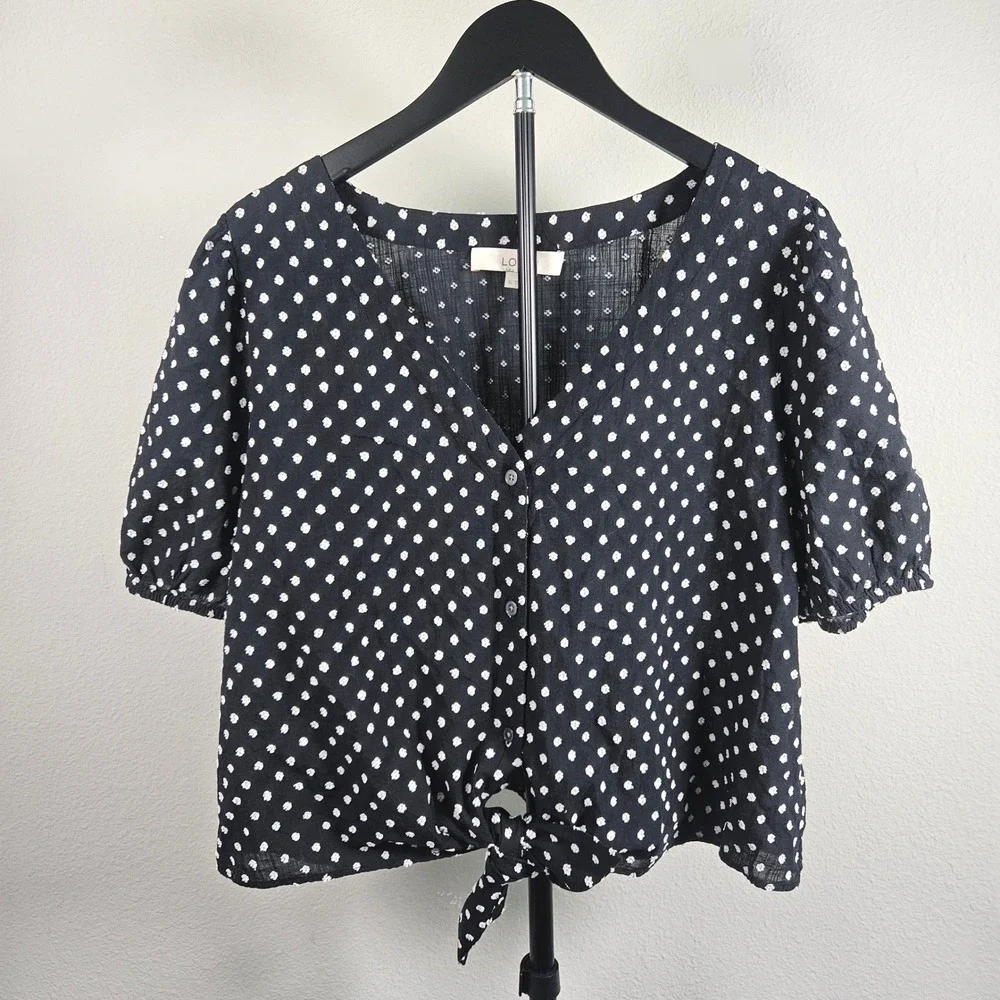LOFT Blouse Womens XL Black Polka Dot Tie Front Short Puff Sleeve Retro Chic